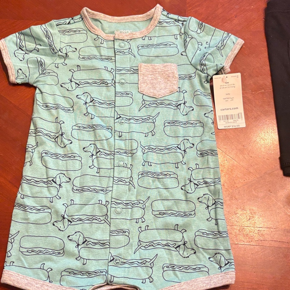 Carter's Teal Green & Gray Dachshund Hot Dog Print One-Piece Bodysuit